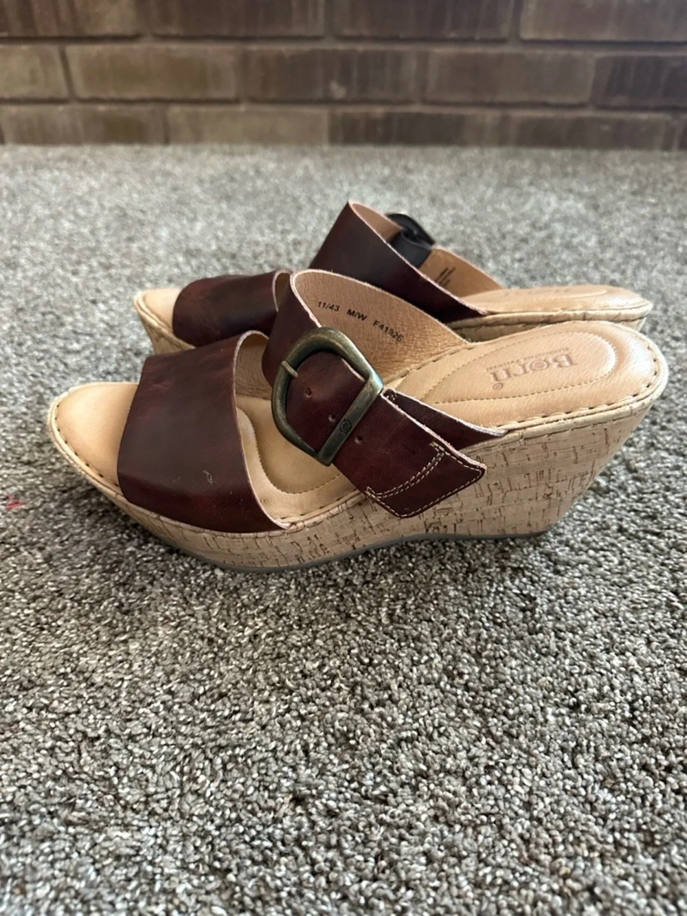 Born Emmy Brown Leather Cork Wedge Slide Sandals Size 11